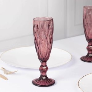 6-Pack Crystal Cut Champagne Flute Glasses 6oz Textured Design Transparent Dusty Rose 8" - Wine Goblets for Toasts & Celebrations